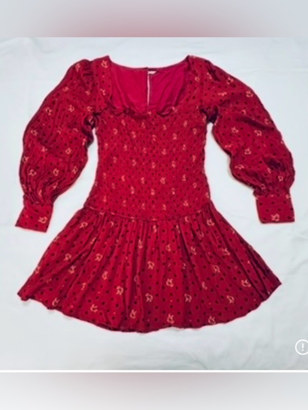 FREE PEOPLE TWO FACES RED PRINT SMOCKED MINI DRESS BOHO PUFF SLEEVE COQUETTE L - Picture 3 of 13